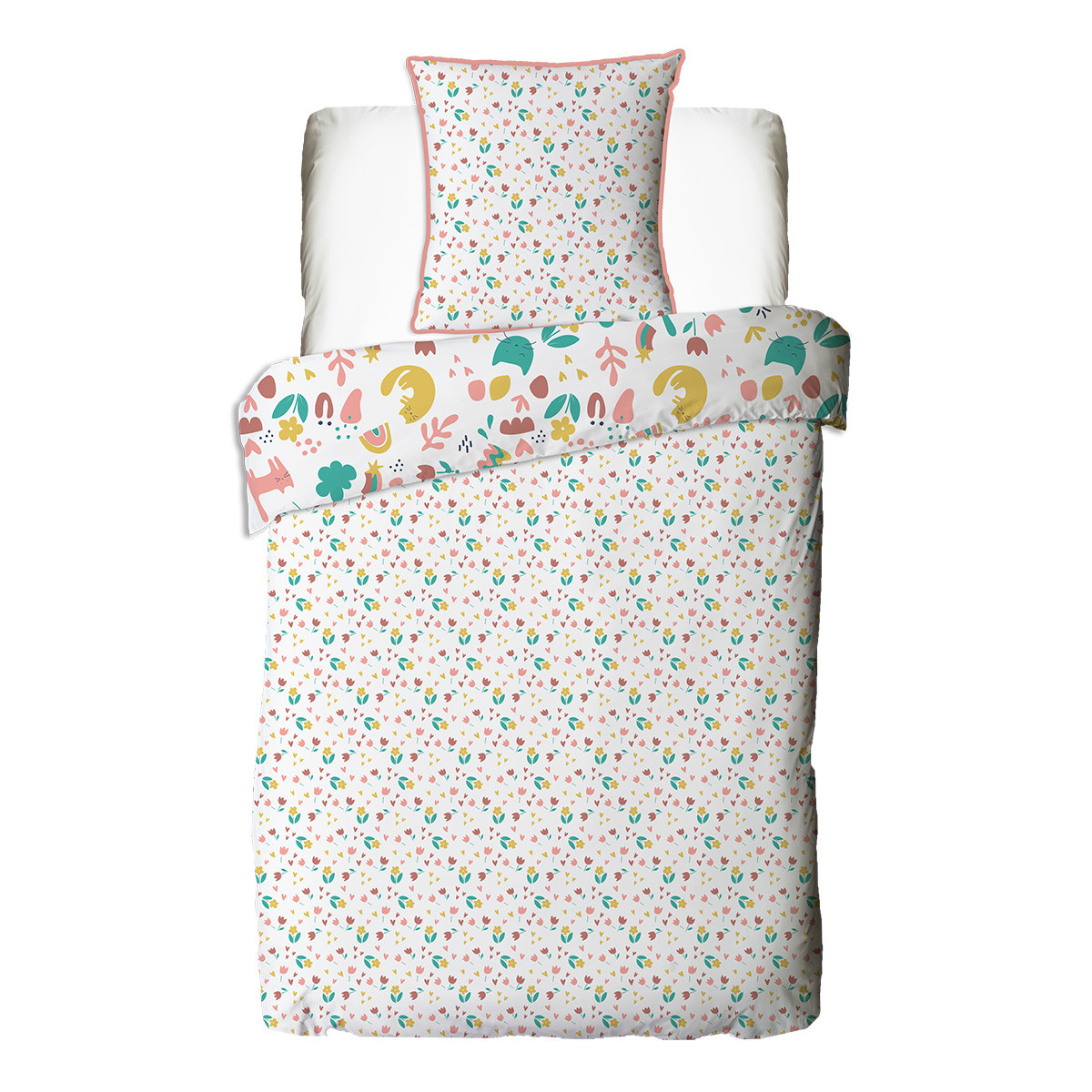 Parure de lit enfant chat réversible fleurie MINOU blanc, FUTURE HOME