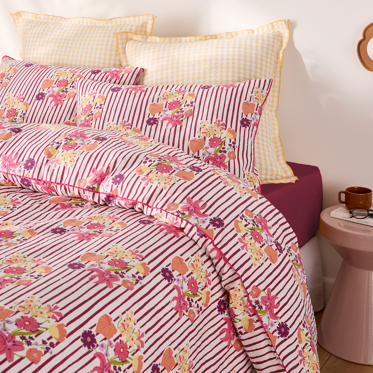 Taie d'oreiller en coton lavé, imprimé rayures et fleurs, BELARDI imprimé floral rose, LA REDOUTE INTERIEURS