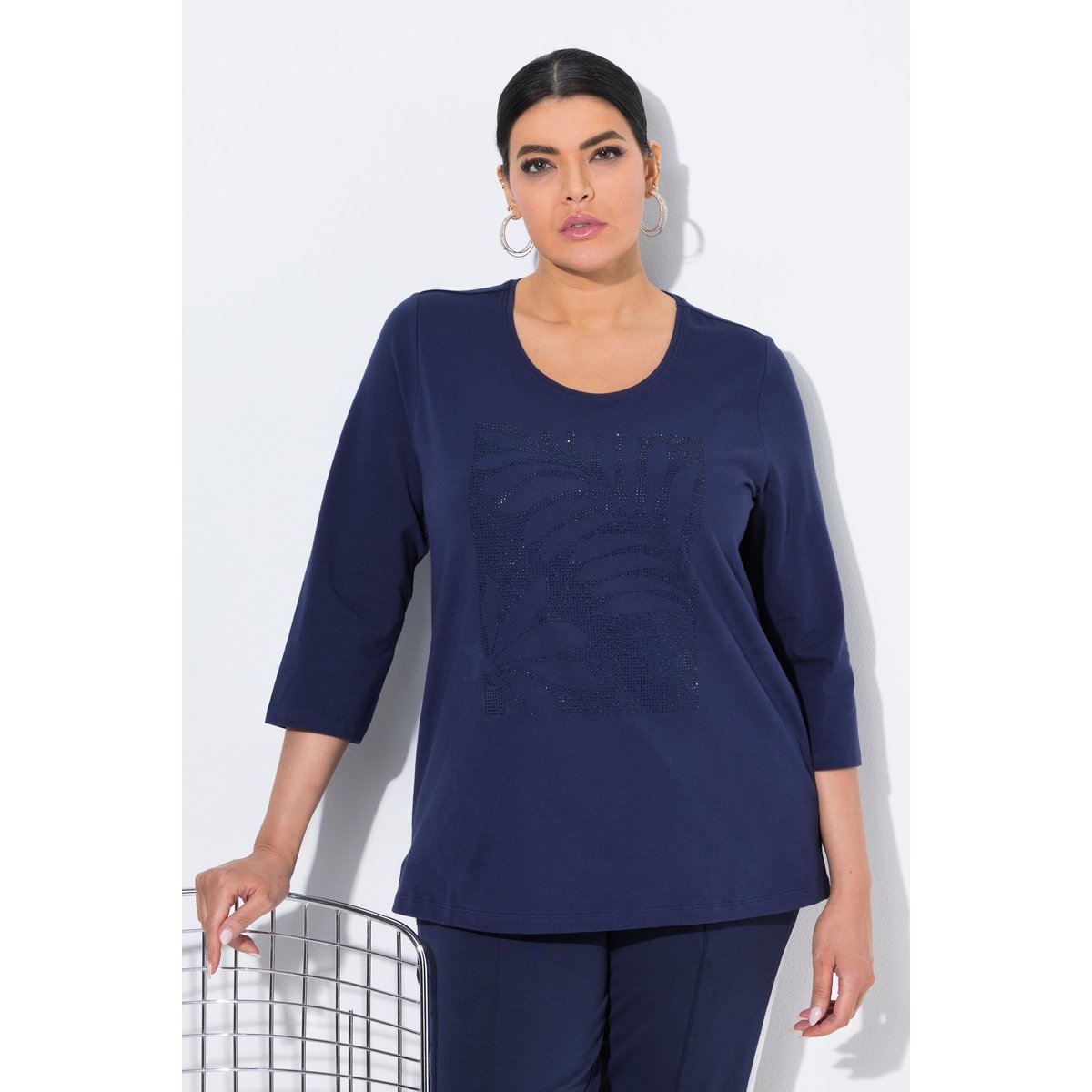 T-shirt décolleté rond et manches 3/4 marine, ULLA POPKEN