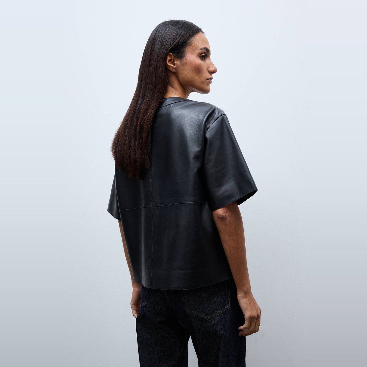 Top manches coudes en cuir noir, MONOPRIX