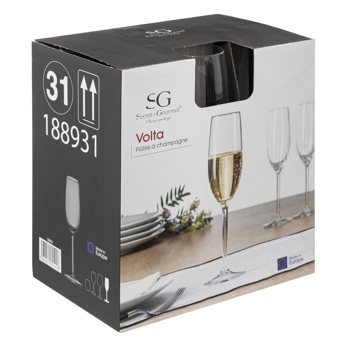 Lot de 6 flûtes à champagne en verre VOLTA transparent, SECRET DE GOURMET