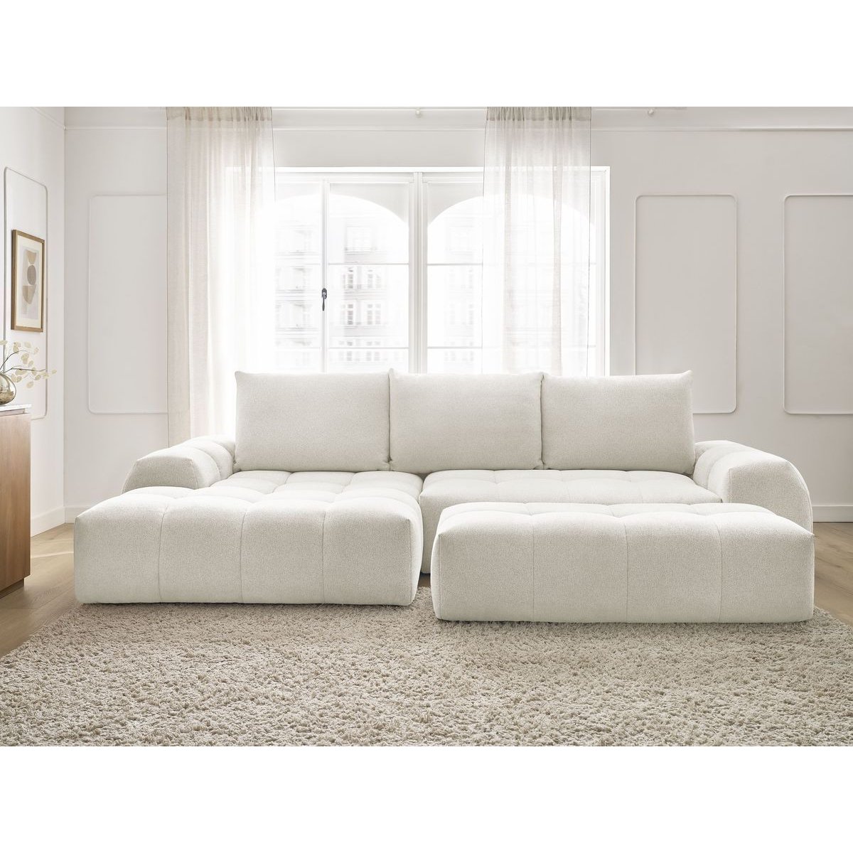 Canapé d'angle convertible 4 places en tissu chiné avec pouf, EVEREST blanc, BOBOCHIC