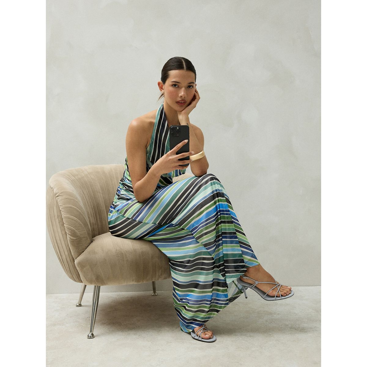 Jupe longue en tulle rayure bleu/vert, NEXT