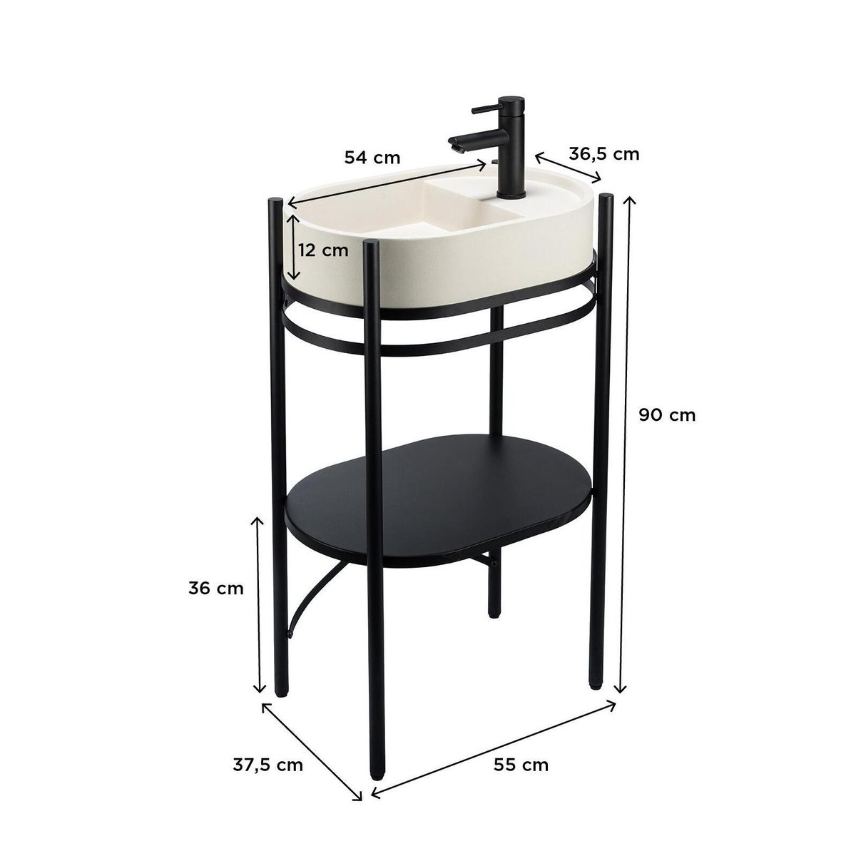 Meuble simple vasque sur pieds 55cm en métal noir et vasque béton et robinet noir LUCIA beige, MOB IN