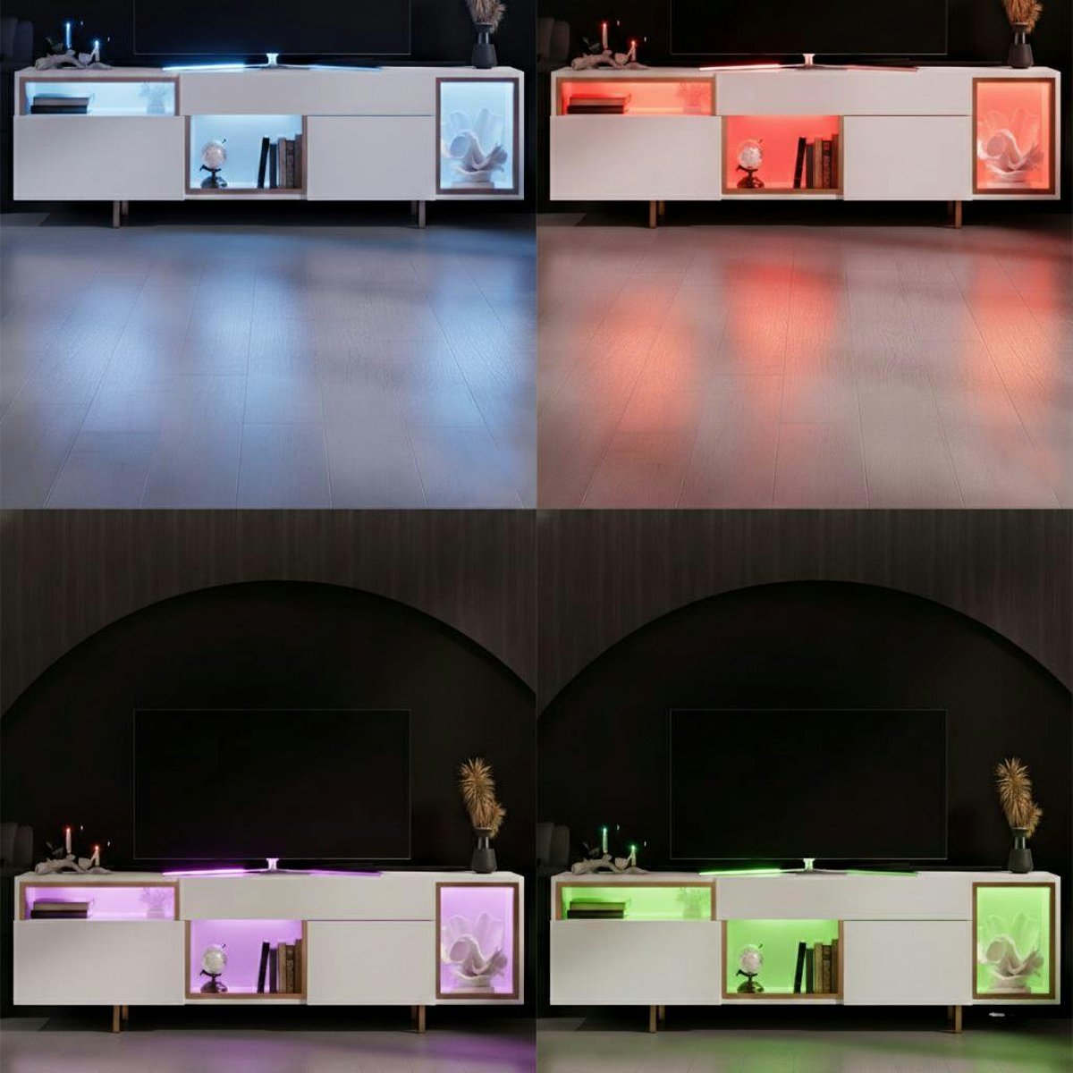 Meuble TV 2 portes, 3 niches éclairage LED AURA blanc, PIER IMPORT