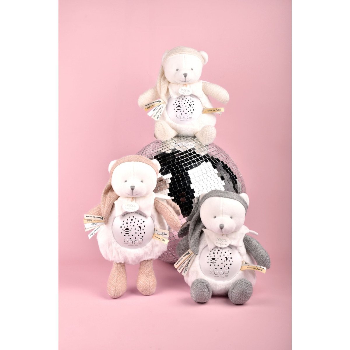 Veilleuse peluche musicale ours rose, DOUDOU ET COMPAGNIE