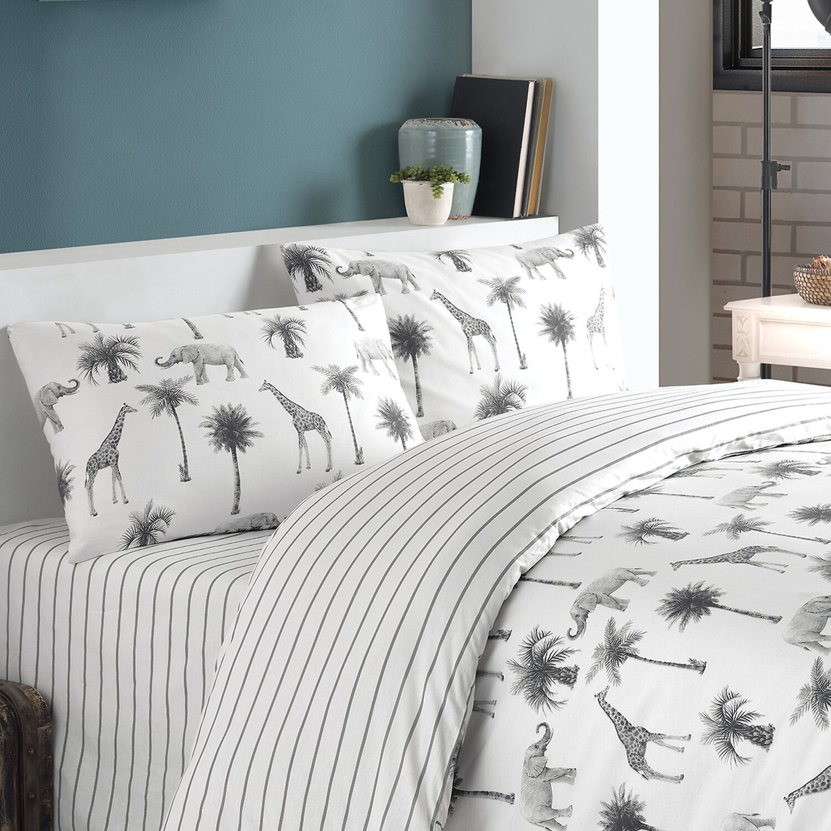 Parure de lit en coton motif jungle, JUNGLE blanc / gris, C DESIGN HOME TEXTILE