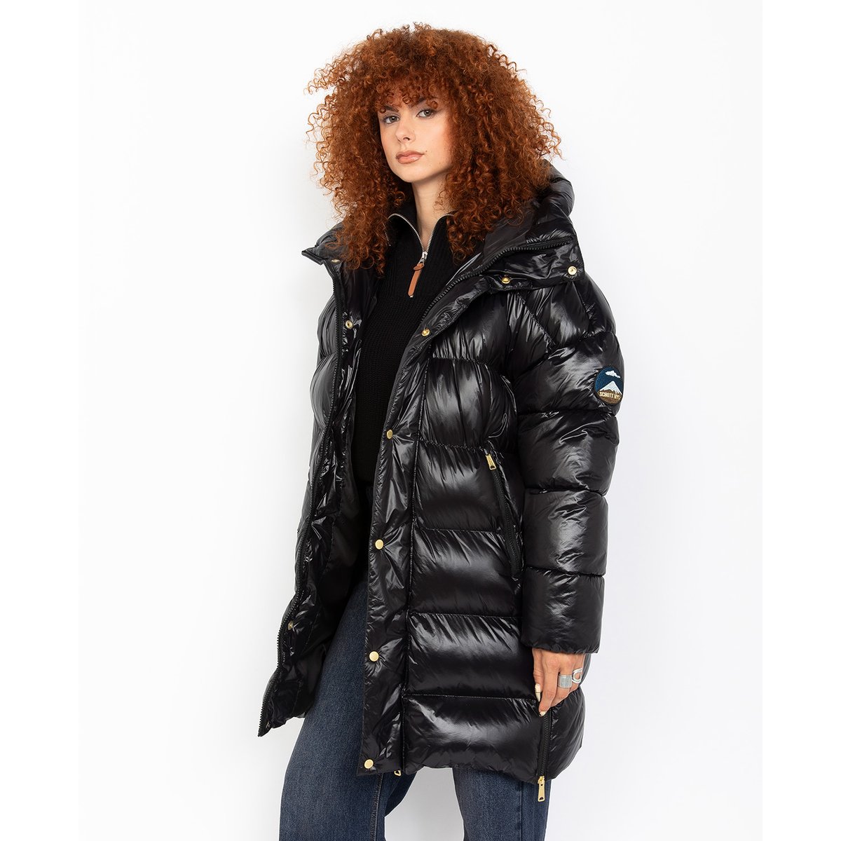 Doudoune longue oversize à capuche noir, SCHOTT