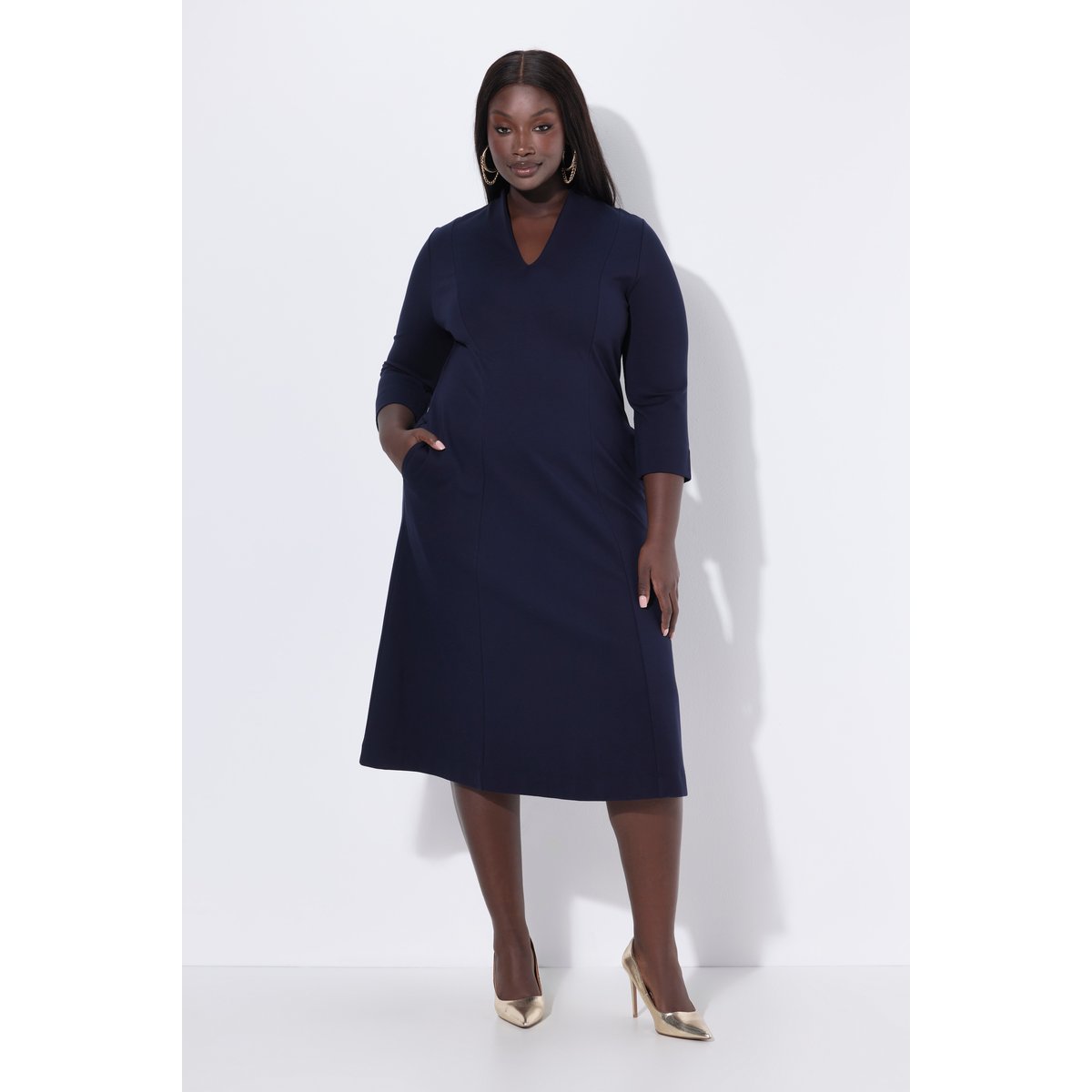 Robe midi point de Rome, manches 3/4 marine foncé, ULLA POPKEN