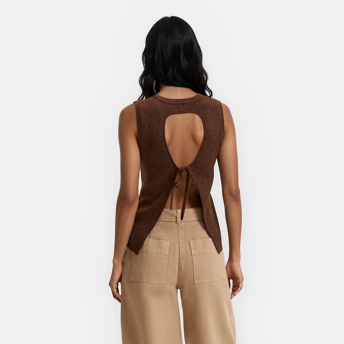 Pull sans manches en maille brillante à dos ouvert marron irisé, LA REDOUTE COLLECTIONS