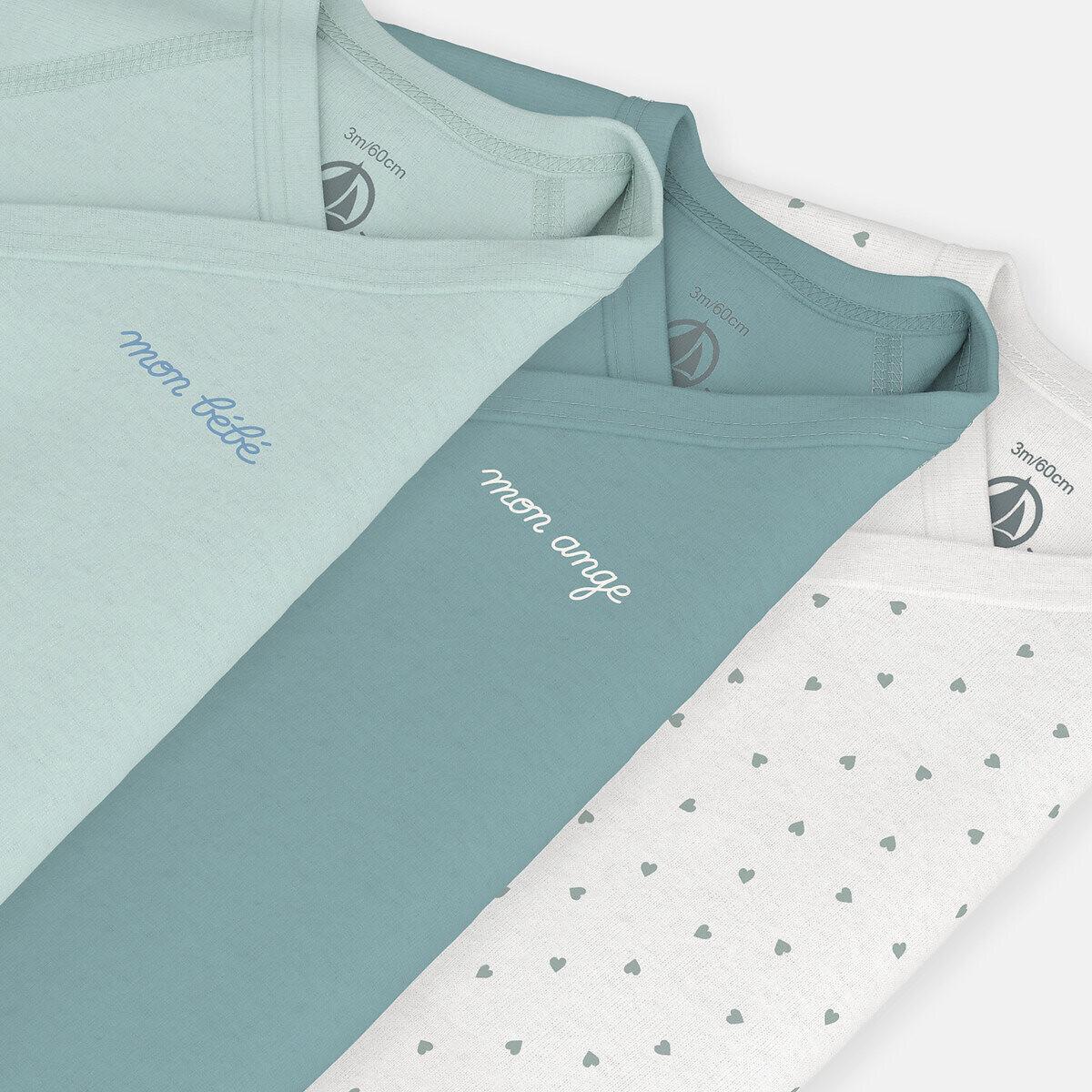 Confezione di 3 body neonato a maniche lunghe bianco + verde, PETIT BATEAU