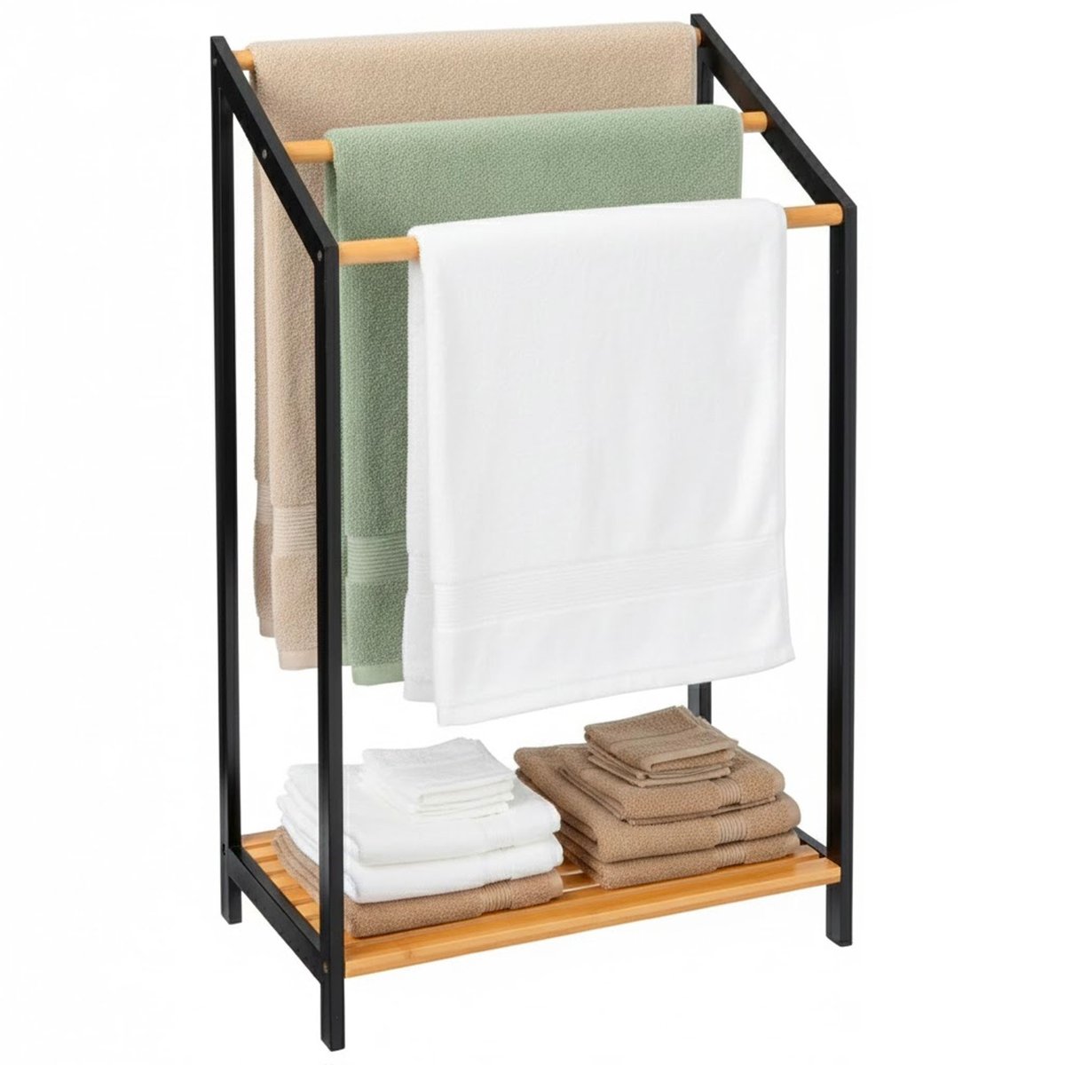 Porte serviette sur pied en bambou noir avec étagère 51x31x85cm noir, WADIGA
