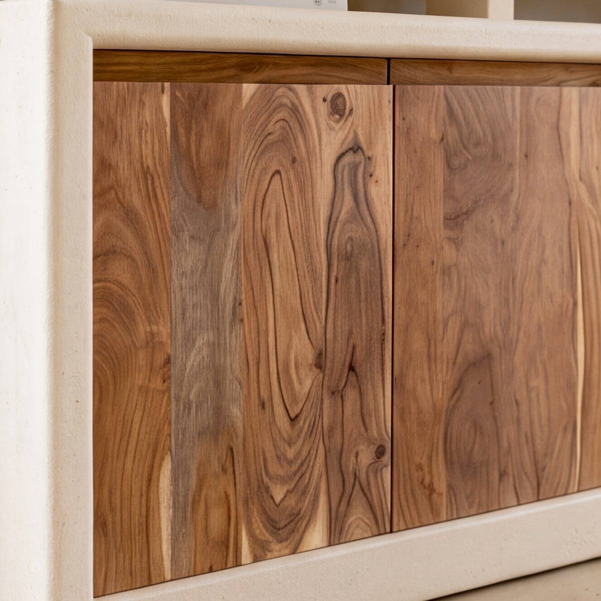 Buffet 3 portes en bois effet béton et acacia DALVA blanc, MADE IN MEUBLES