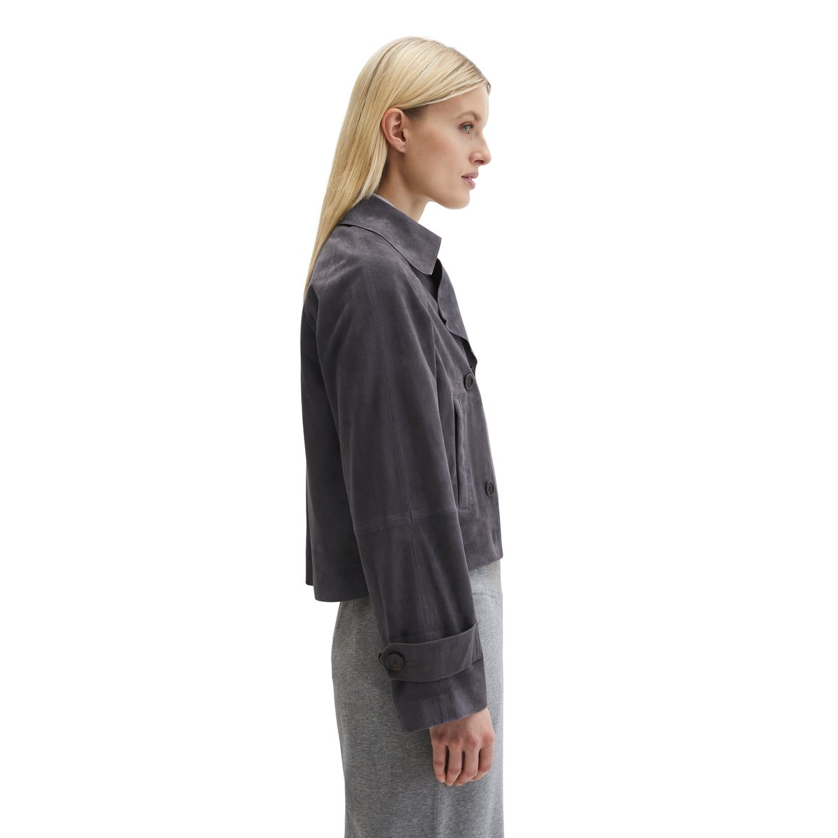 Veste en cuir velours style trench relaxed en cuir de chèvre souple gris foncé, MARC O'POLO