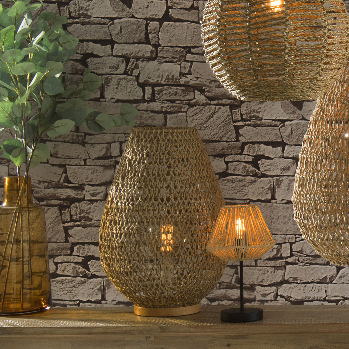 Lampe à poser corde tressée bois de hêtre ETEL beige, ATMOSPHERA