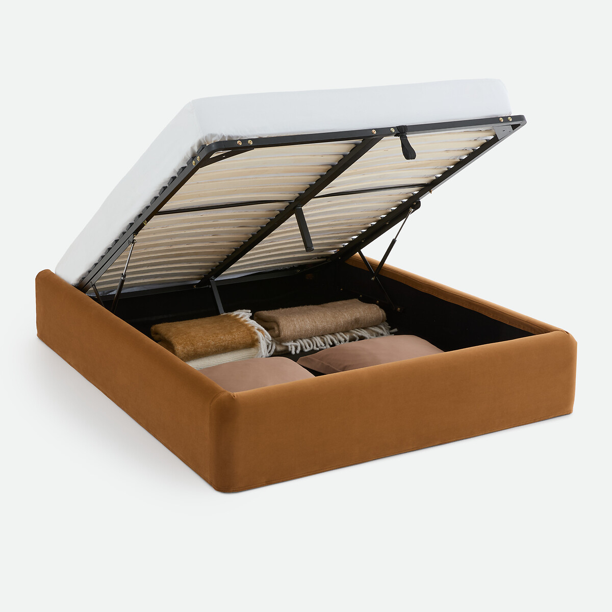 Lit coffre, tissu velours, sommier relevable, BOLEA bronze, LA REDOUTE INTERIEURS