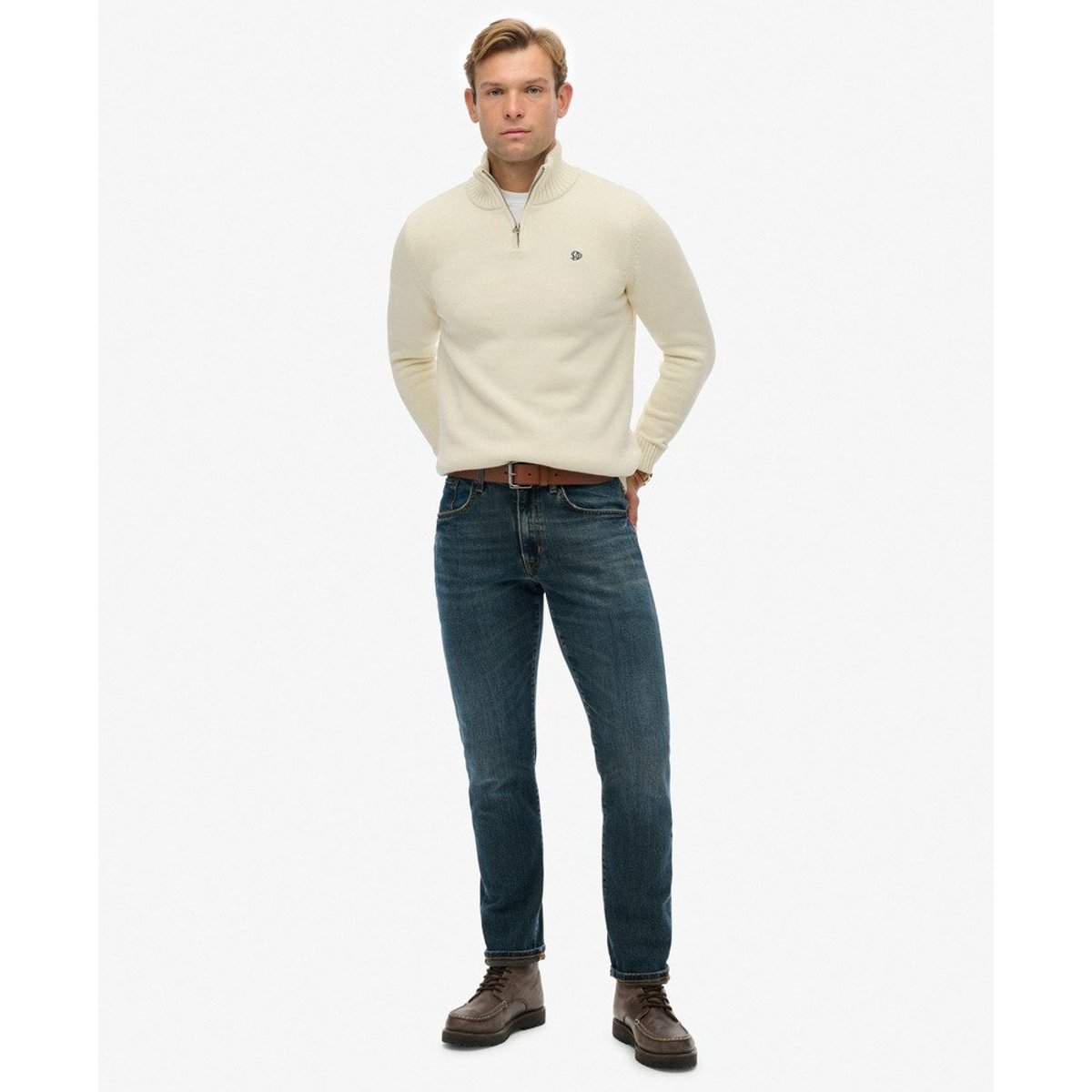 Pull en maille à demi-zip en coton crème, SUPERDRY