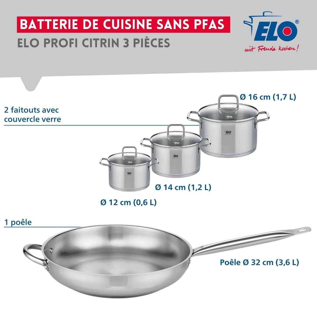 Batterie 1 poêle 32cm + 3 faitouts 12/14/16cm PROFI CITRIN gris, ELO
