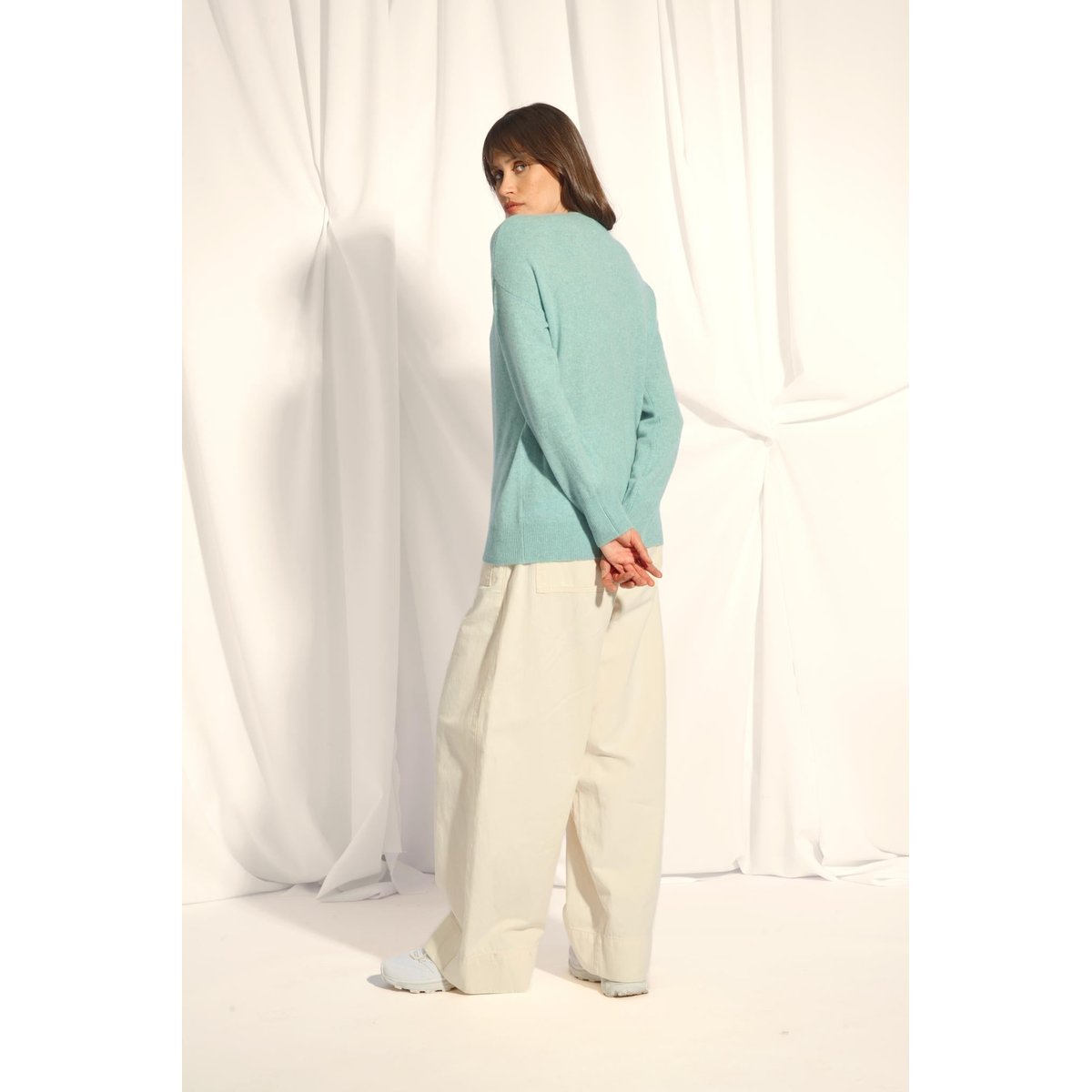 Pull Col V Aqua Chiné Birse bleu clair chiné, JUST CASHMERE