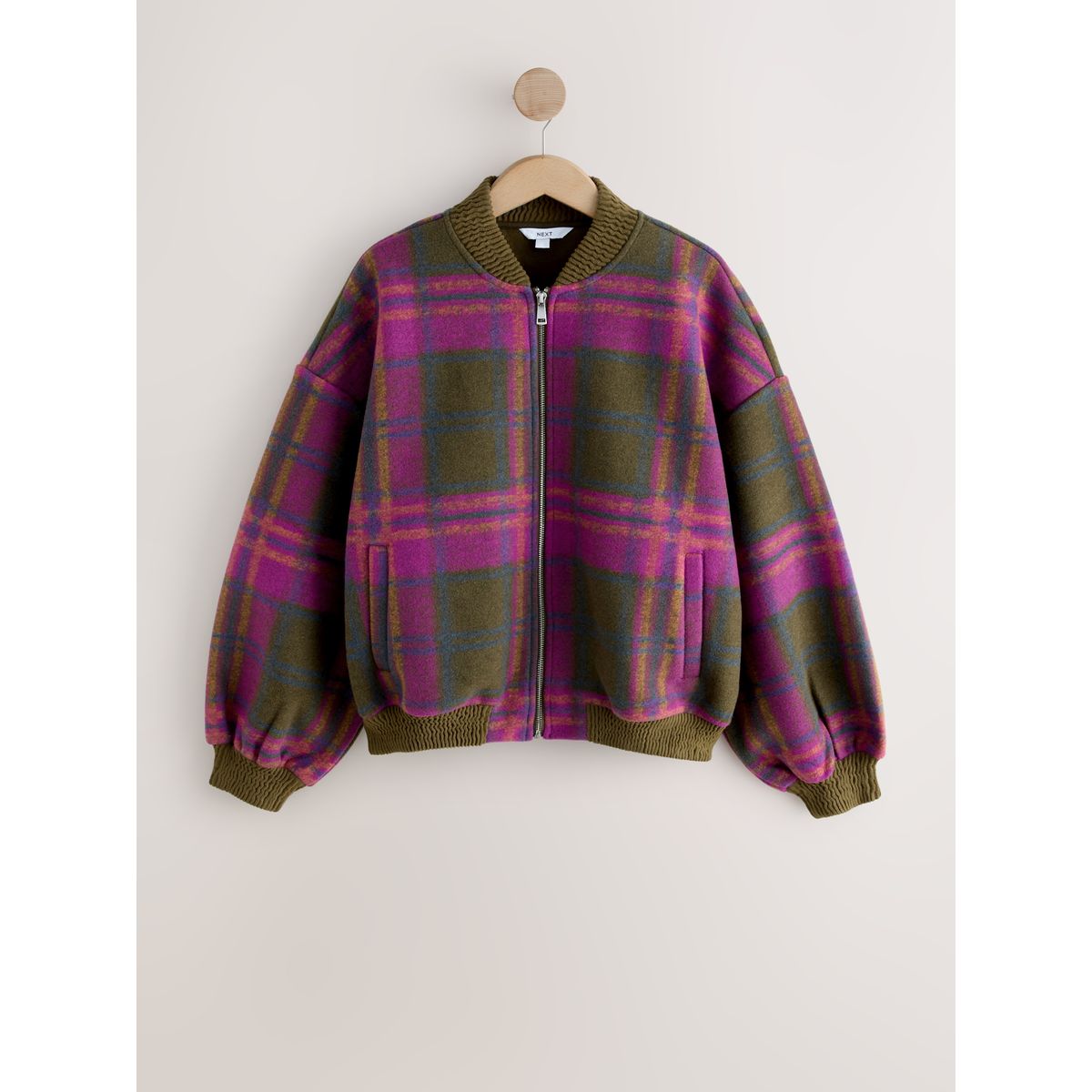 Blouson aviateur brossé à détails côtelés carreaux vert olive/rose, NEXT