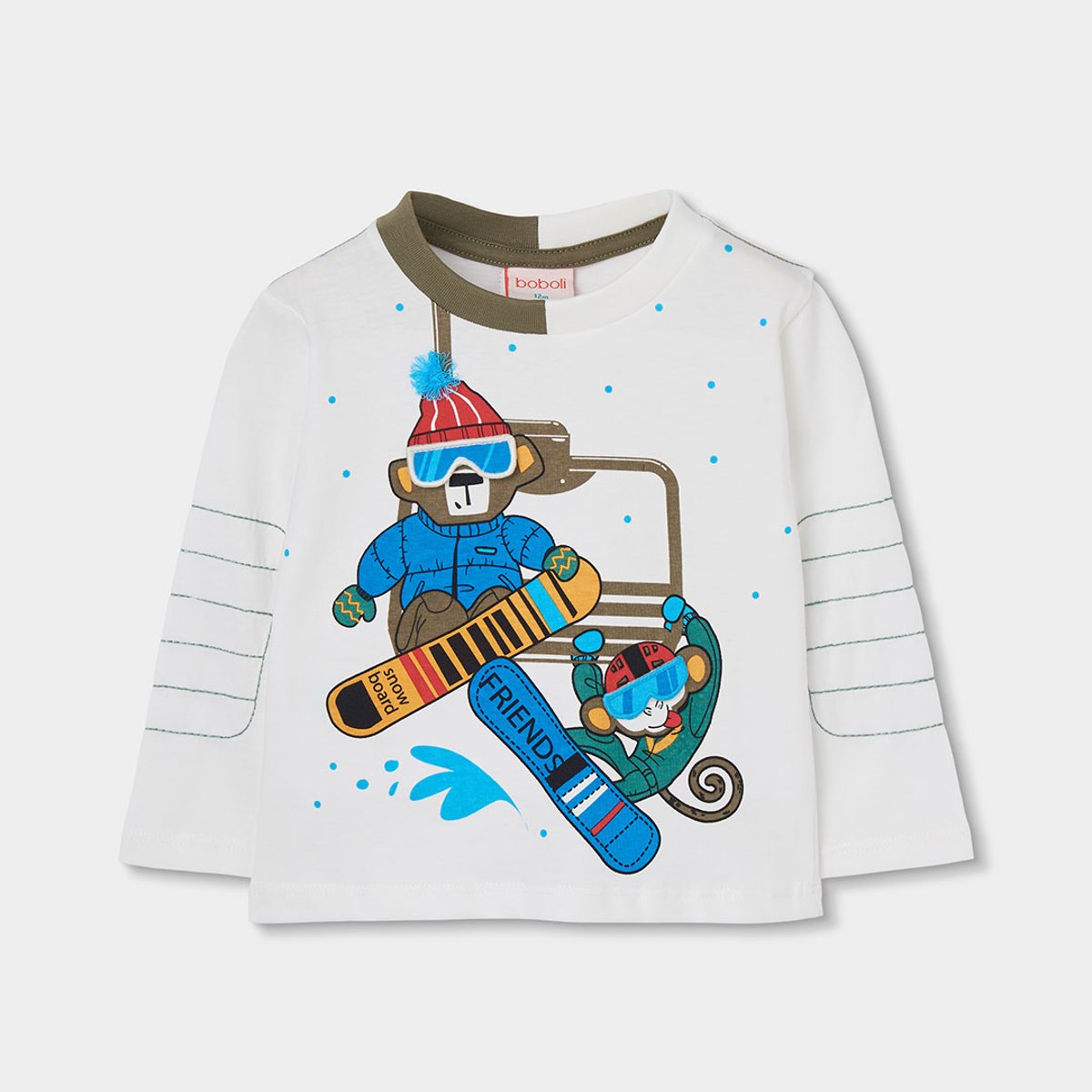 T-shirt en maille garçon imprimé singes snowboard blanc, BOBOLI