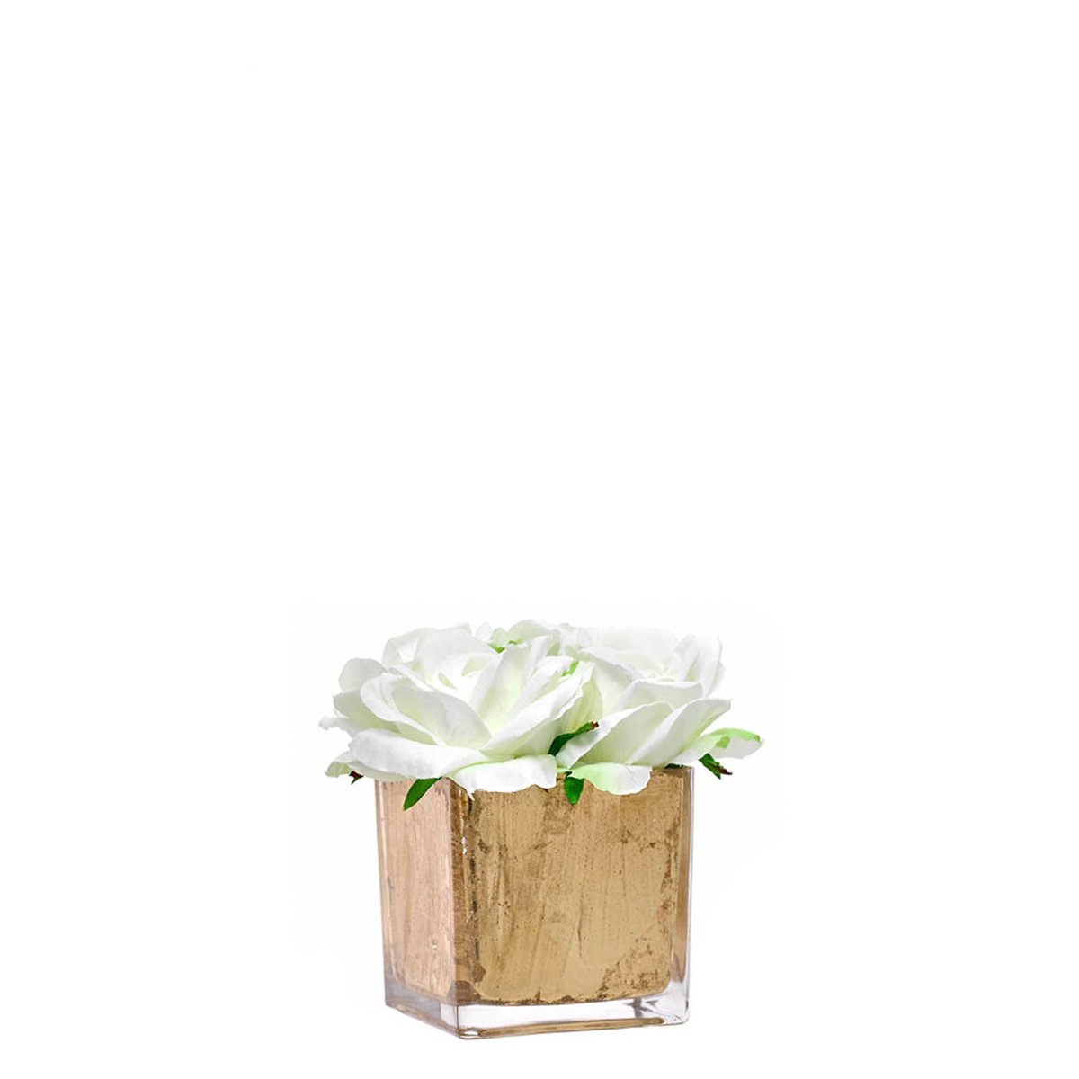 Cubo em vidro com rosas artificiais, BORGHESI dourado/branco, BORGHESI