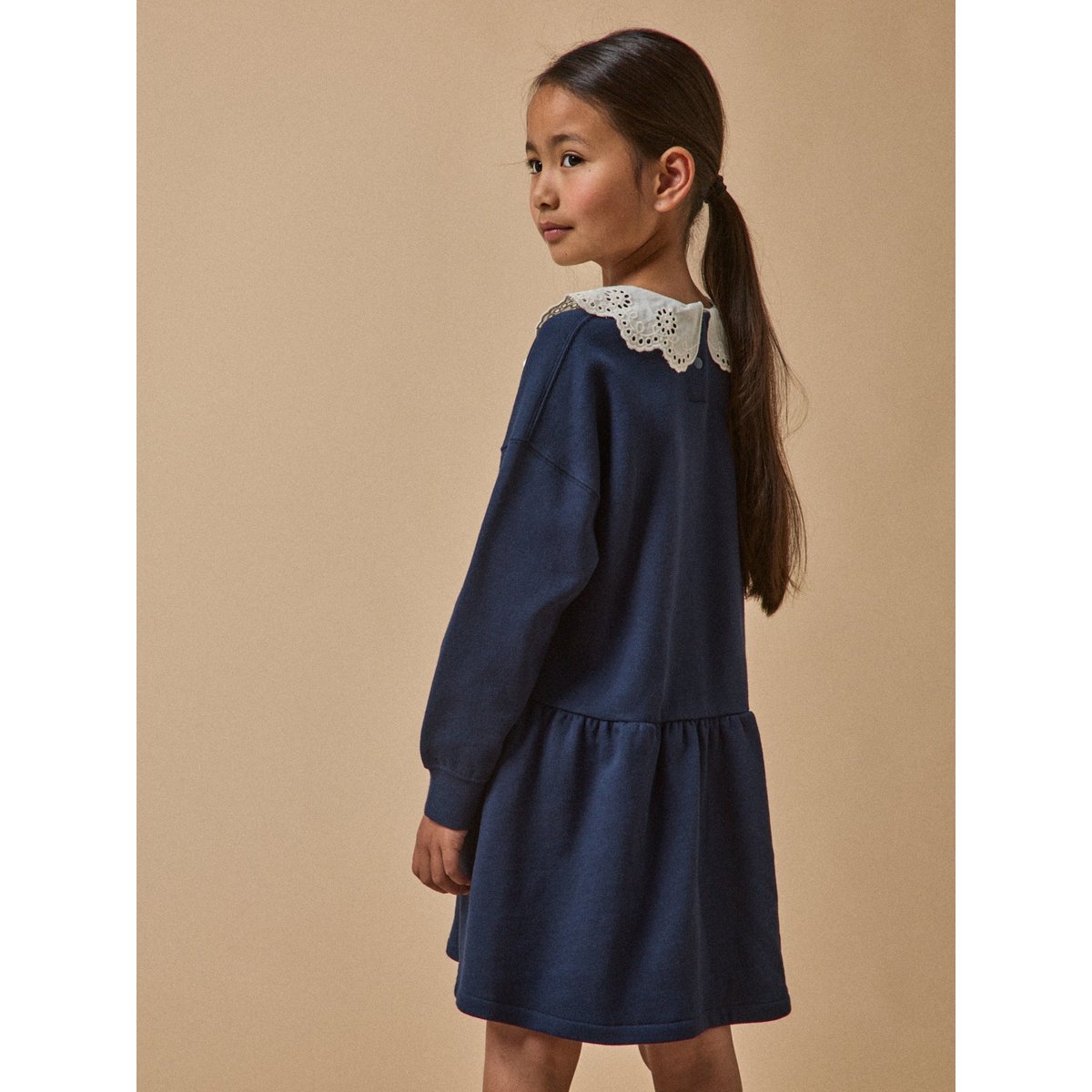 Robe grand col brodé - coton biologique marine, CYRILLUS