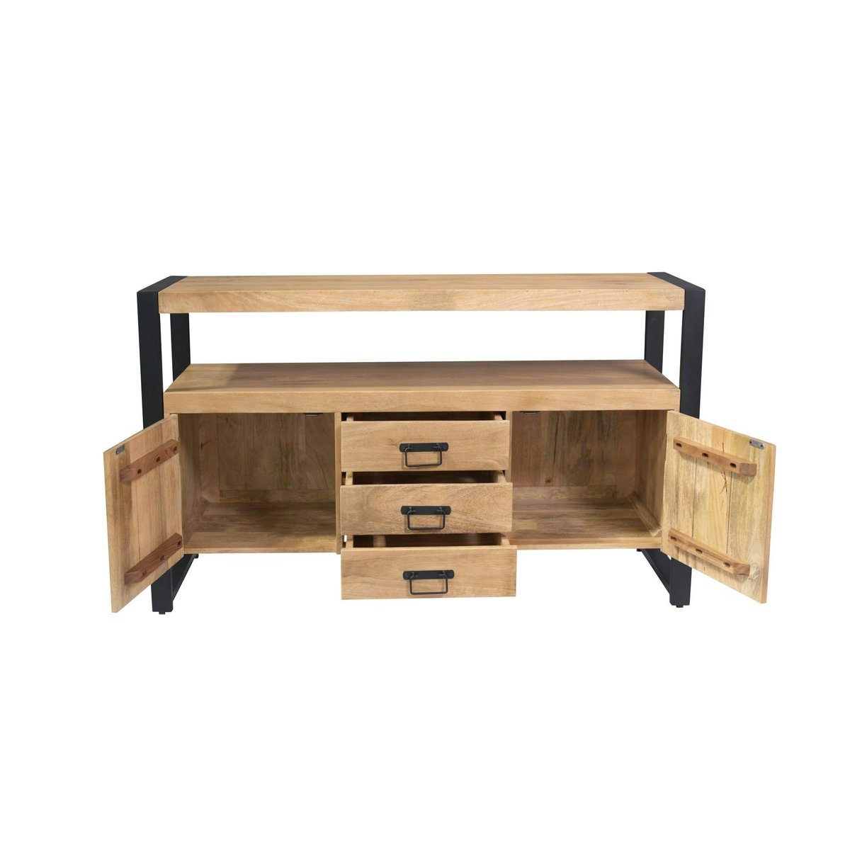 Buffet salon bois clair métal noir 2 portes 3 tiroirs MILORA bois naturel, PIER IMPORT