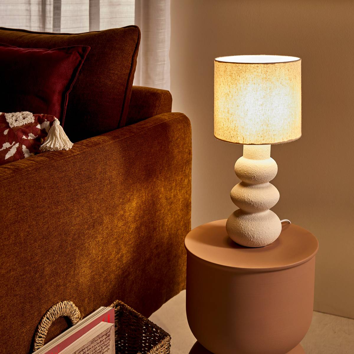 Lampe à poser grès galets abat-jour tissu ALITHA beige, ATMOSPHERA