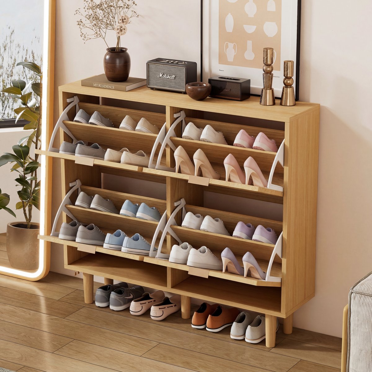 Meuble à chaussures 4 portes ,JORDIE chêne, MEUBLES COSY