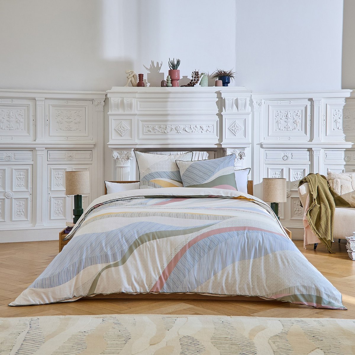 Parure de lit en percale de coton bio AZELIE kaki, bleu, beige, multicolore, HABITAT