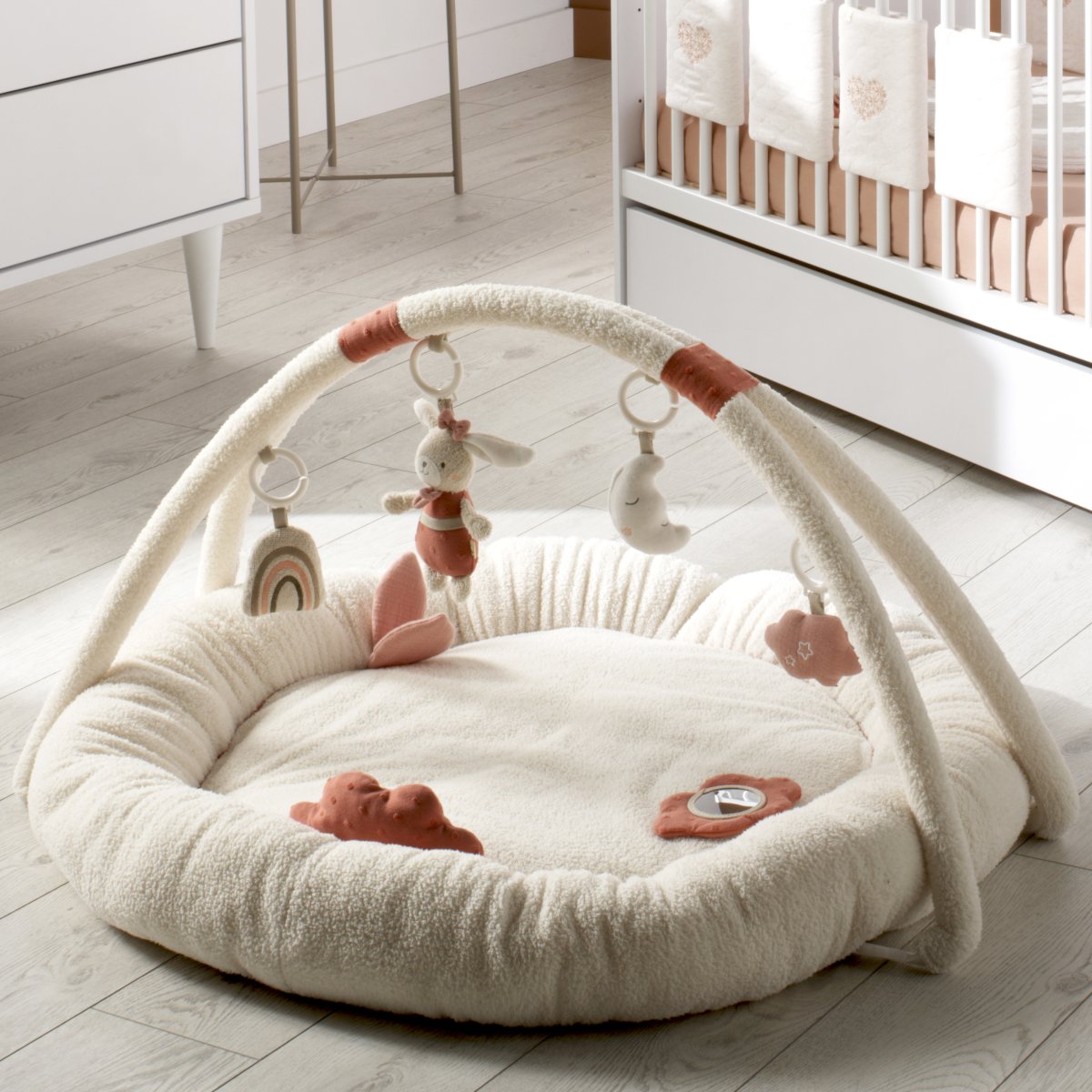 Tapis d'éveil rond en bouclette coton bio blanc/rose, SAUTHON
