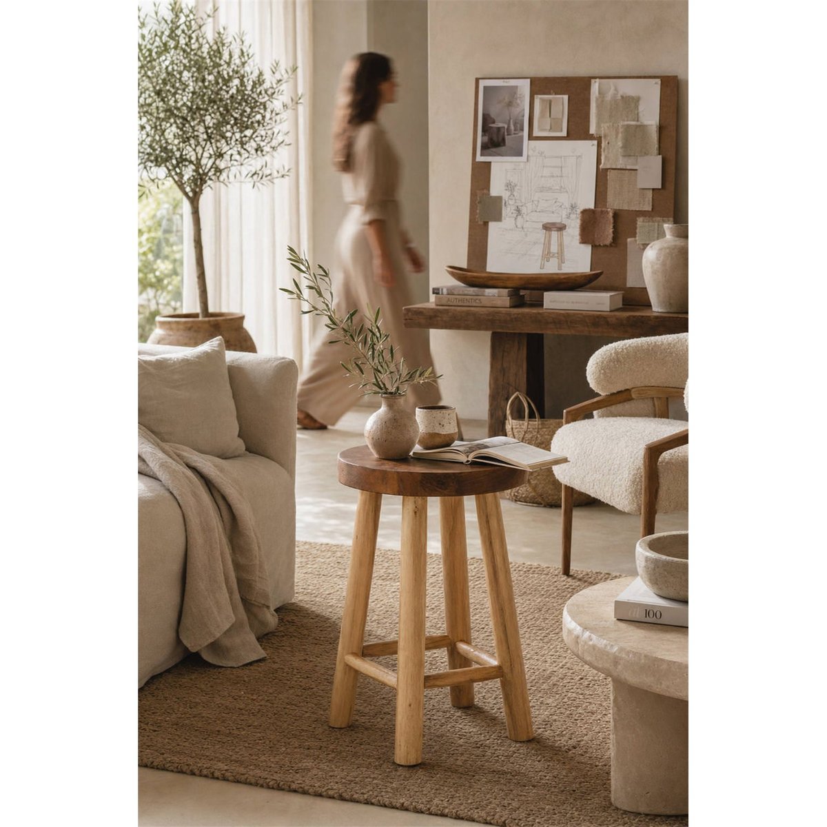 Tabouret rond en bois de teck, Repose-pied naturel, RECOLLECTION