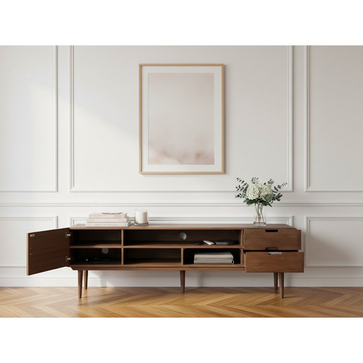 Meuble TV 180 cm bois massif, BRUNE marron foncé, BOBOCHIC
