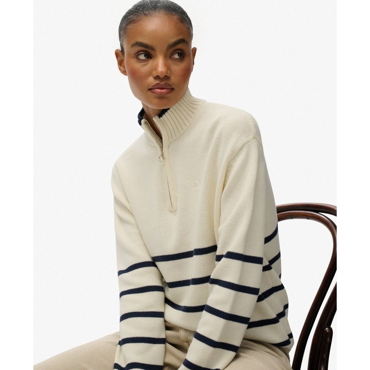 Pull en maille à col camionneur rayures bleu marine profond et blanc cassé, SUPERDRY