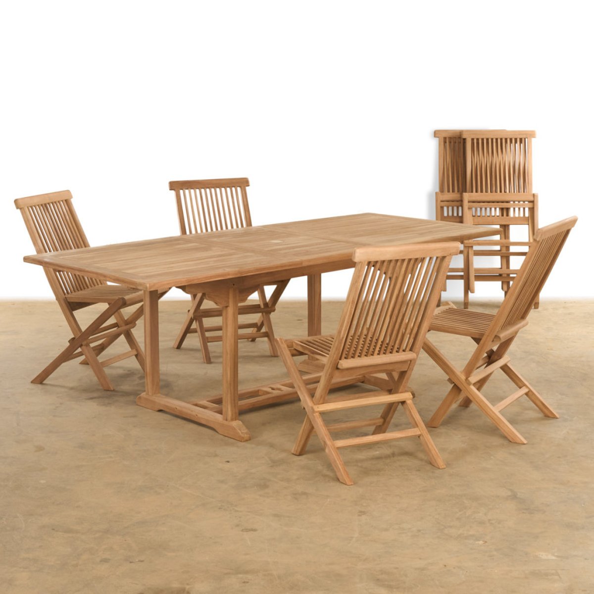 Ensemble table de jardin extensible et 6 chaises pliantes en teck massif naturel, WANDA COLLECTION