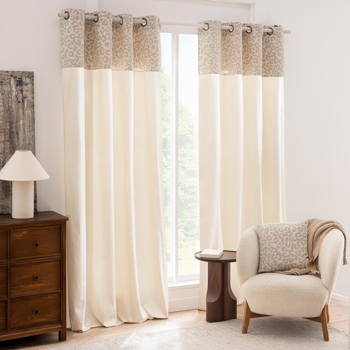 Rideau tamisant en polycoton avec bandeau jacquard chenille léopard naturel, DOUCEUR D'INTÉRIEUR