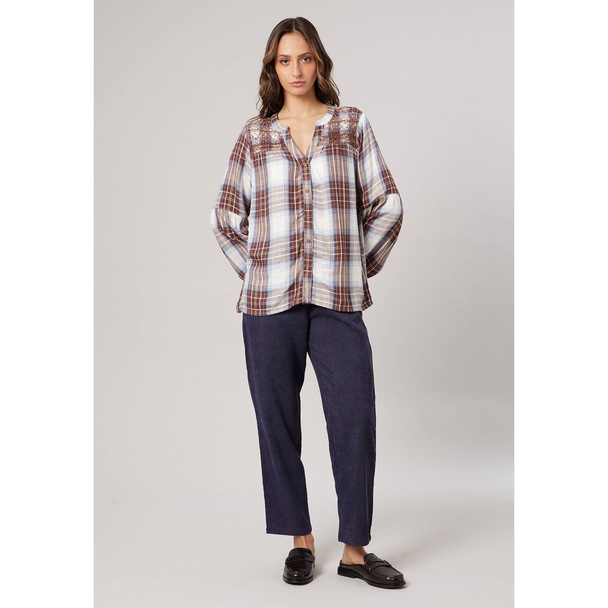 Blouse à carreaux femme IZELIA brown, DEELUXE