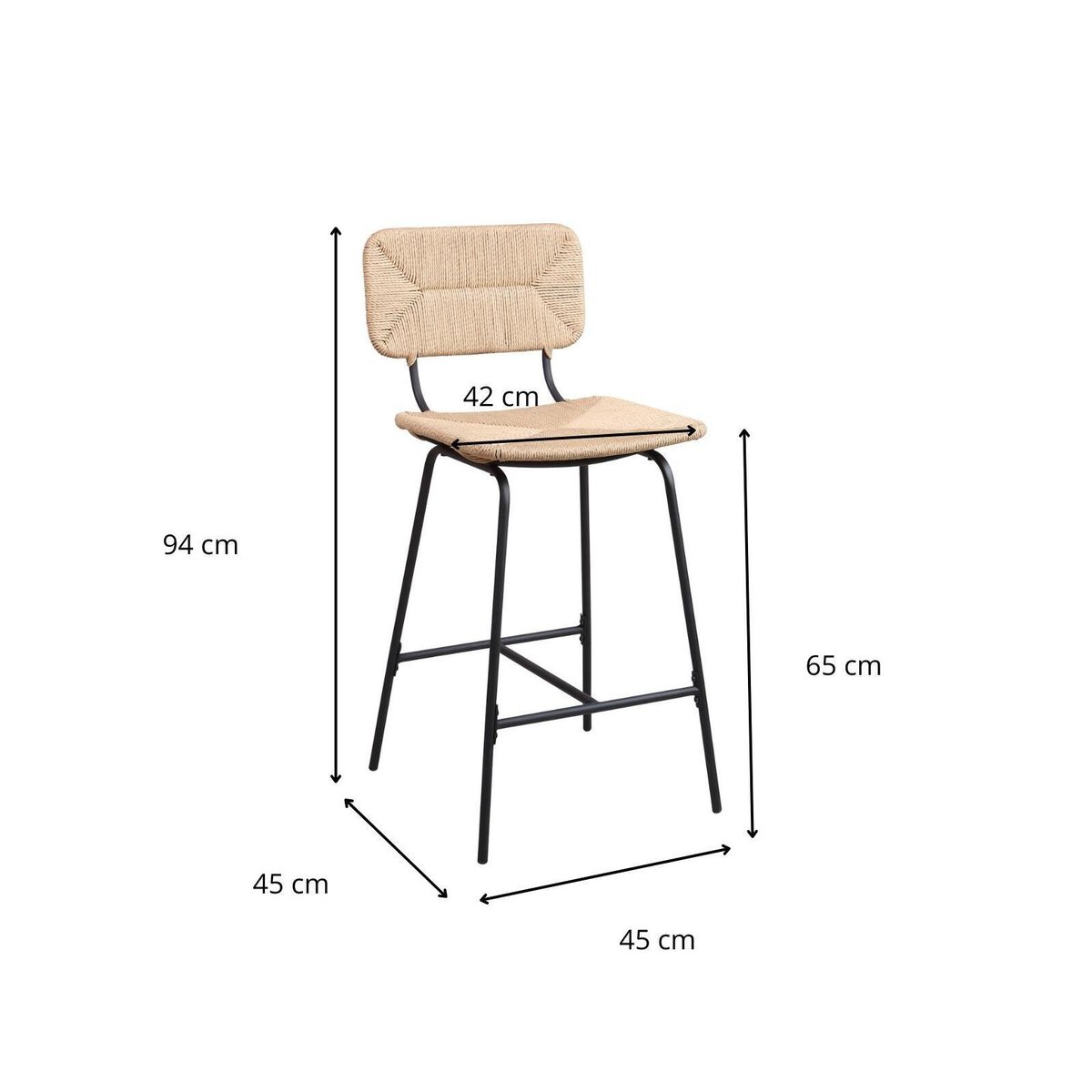 Lot de tabourets de bar et d'ilot en métal et assise rotin 65cm TIDRA|Lot de 8 | Lot de 8 naturel, MOB IN