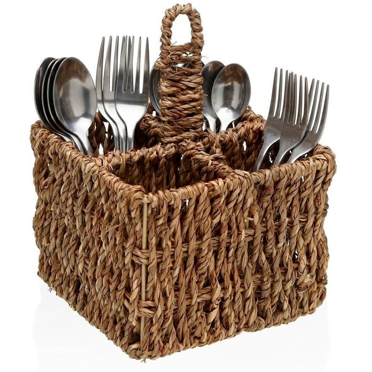 Range-couvert carré en jacinthe d'eau tressée 4 compartiments 15x15x11cm bois, WADIGA