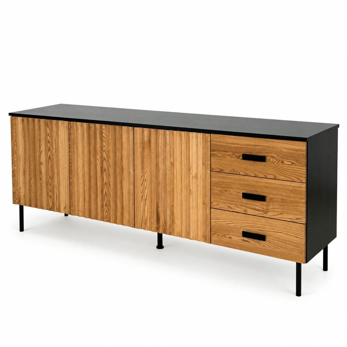 Buffet bas 3 portes en bois bicolore, façade ondulée TARAN bois naturel, PIER IMPORT