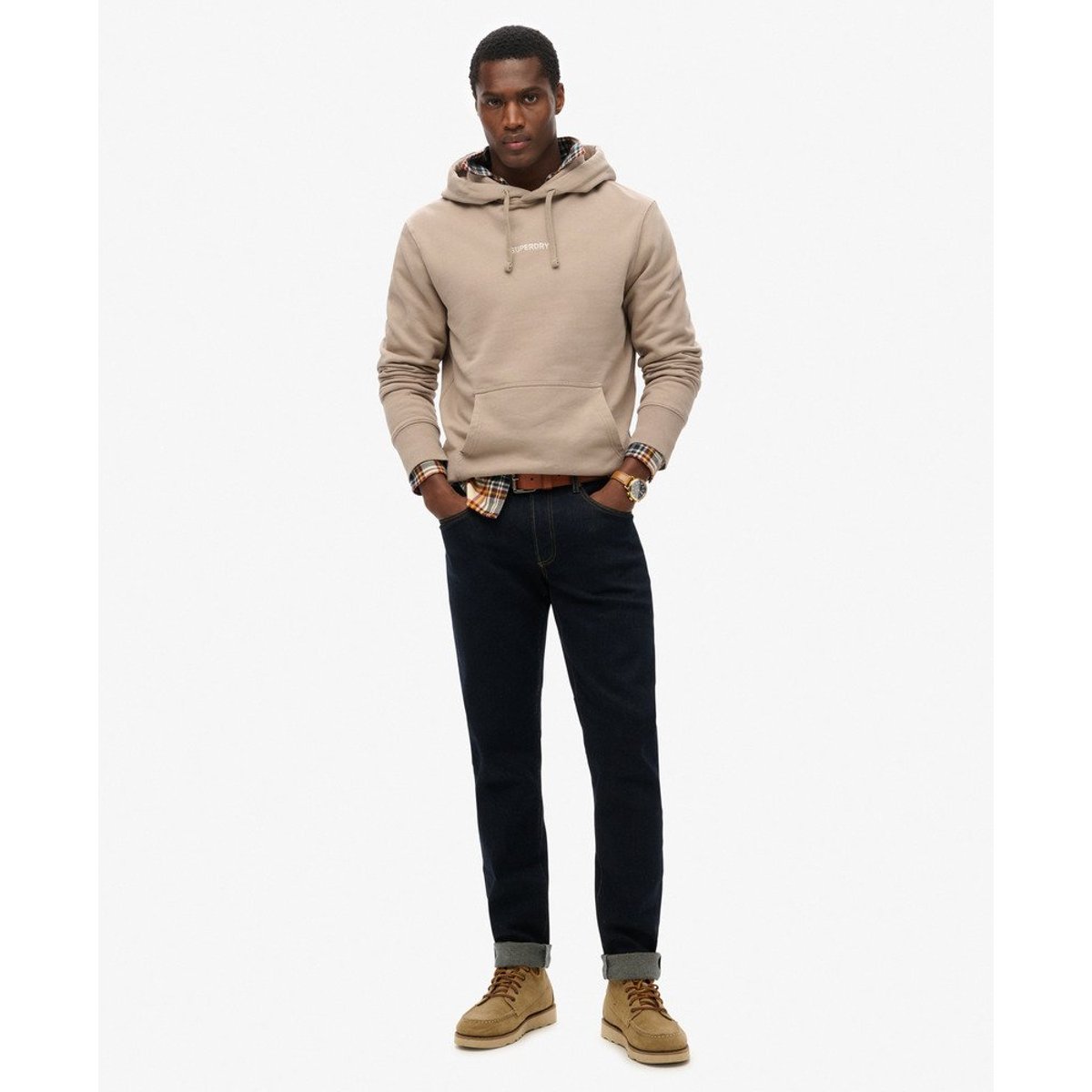 Sweat à capuche ample à motif et micro logo beige foncé flammé, SUPERDRY