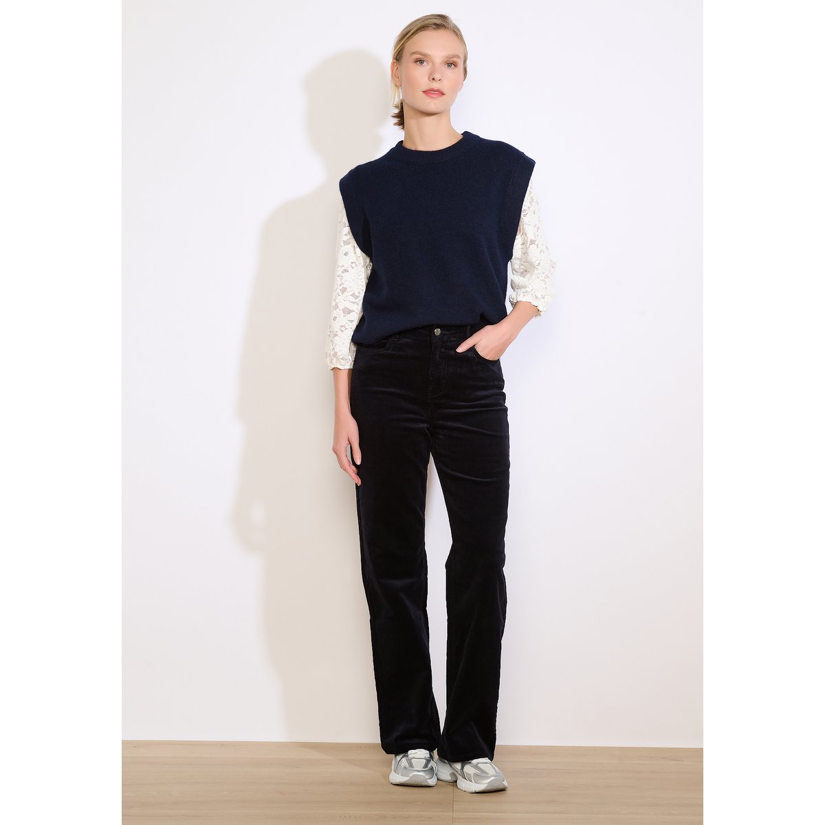 Pantalon droit en velours côtelé bleu marine, LOLALIZA