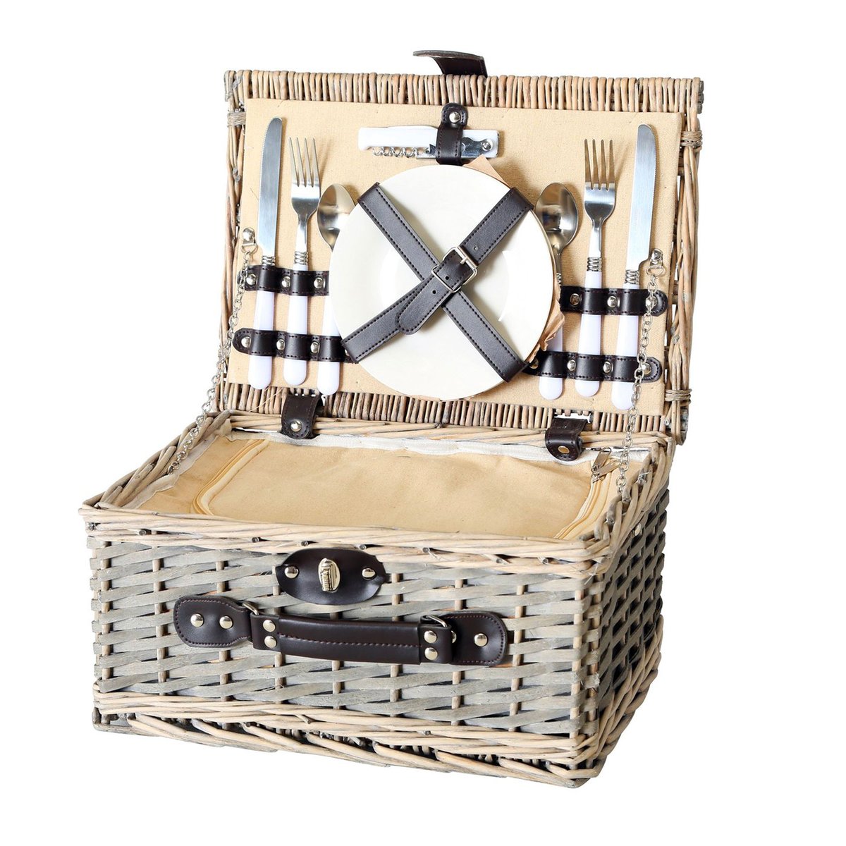 Panier pique-nique bois tressé 14 pièces 38x28x18cm bois, WADIGA