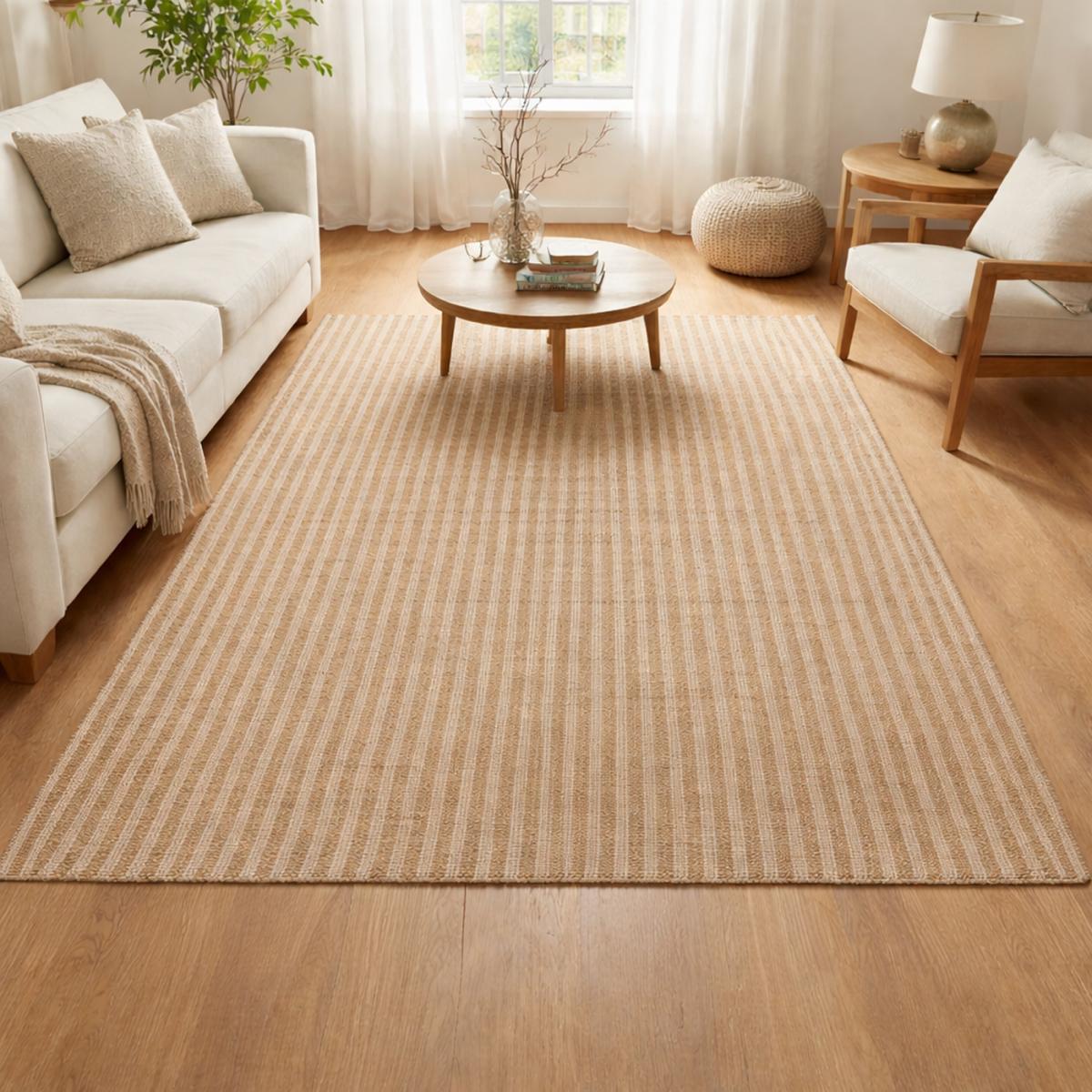 Tapis jute fait main motif faux uni VERTYJUTE beige, blanc, UN AMOUR DE TAPIS