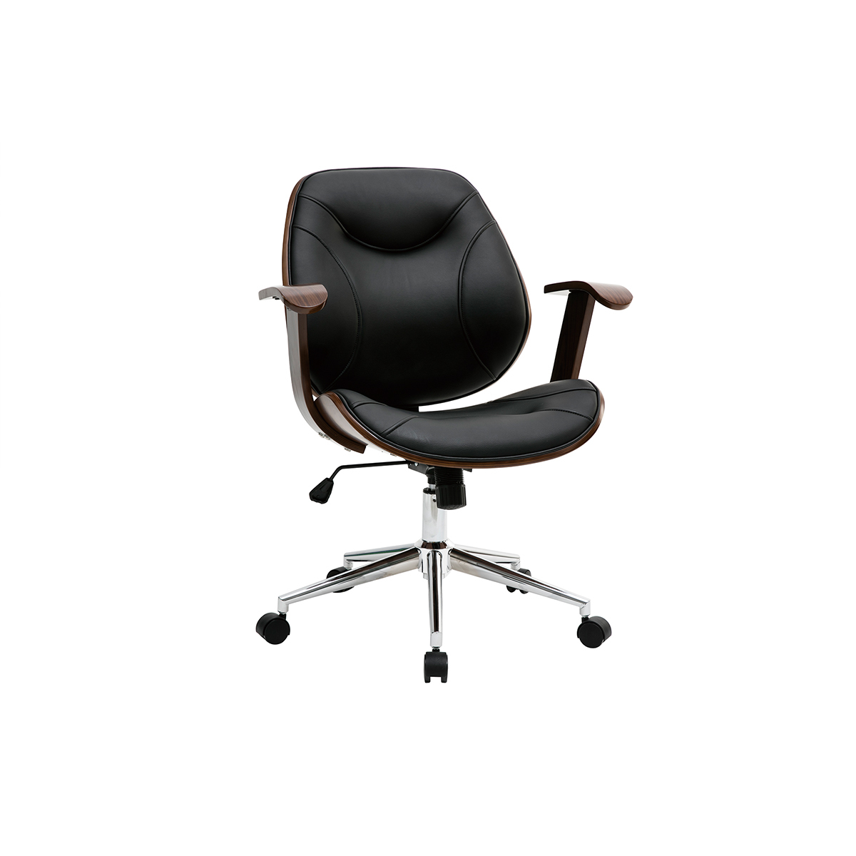 Chaise de bureau à roulettes design en tissu effet velours texturé beige, bois foncé et acier chromé YORKE noyer / noir, MILIBOO