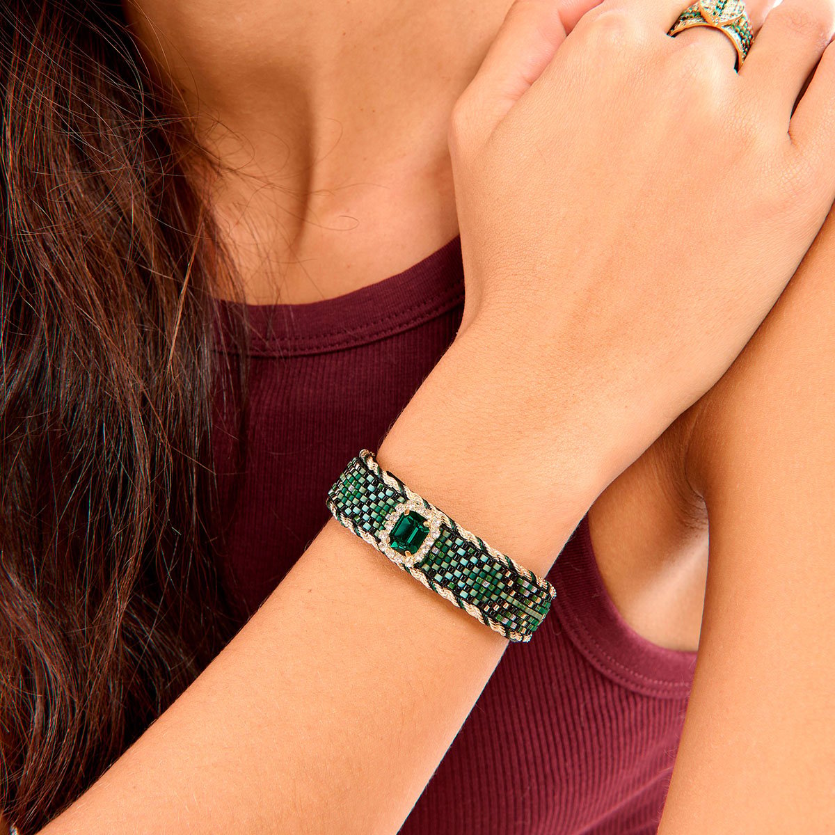 Bracelet réglable ruban velours et perles tissées SUZON vert, HIPANEMA