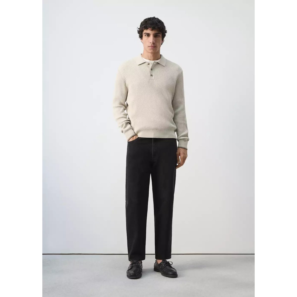 Pull polo coton mélangé maille tressée sable, MANGO MAN