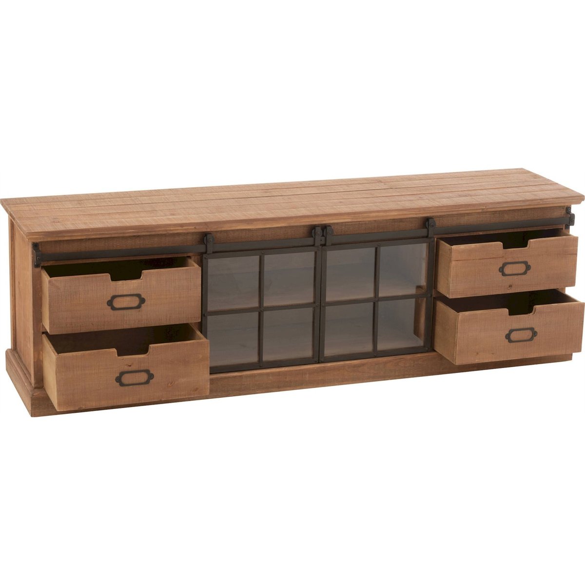 Meuble TV en bois avec portes vitrées style industriel bois naturel effet vieilli, RECOLLECTION
