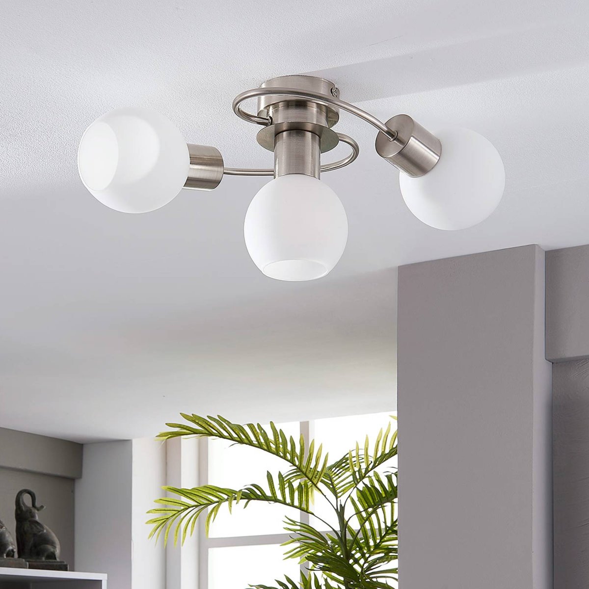 Plafonnier en verre moderne, Ciala blanc, nickel satiné, LINDBY